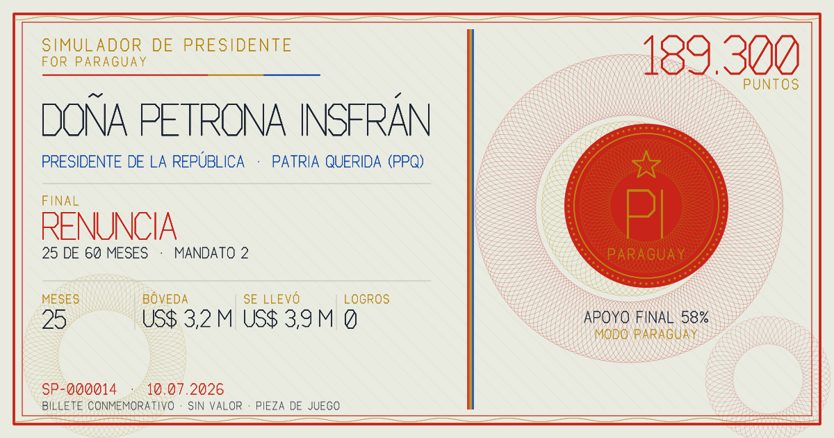 Billete conmemorativo de Doña Petrona Insfrán, final: Renuncia
