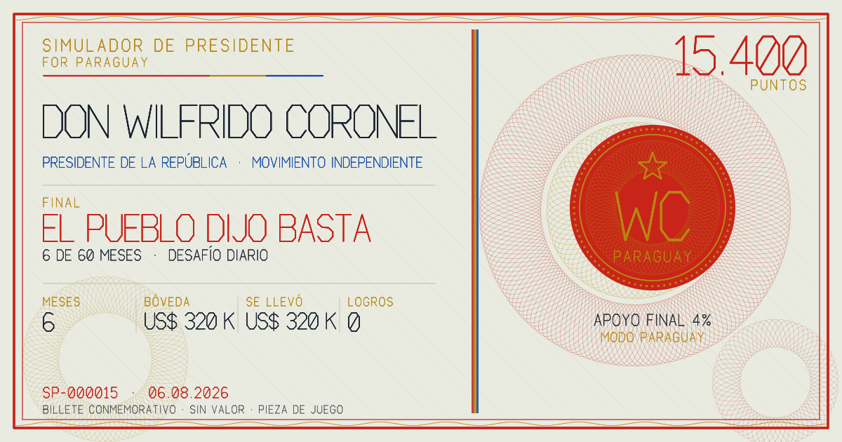 Billete conmemorativo de Don Wilfrido Coronel, final: El pueblo dijo BASTA