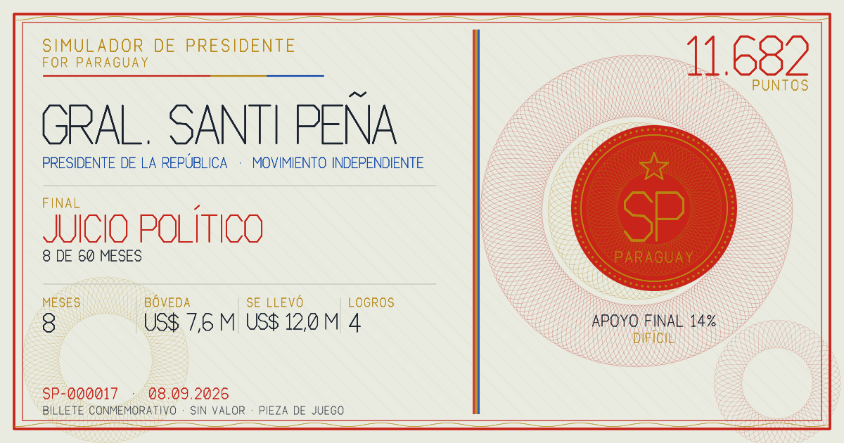 Billete conmemorativo de Gral. Santi Peña, final: Juicio político