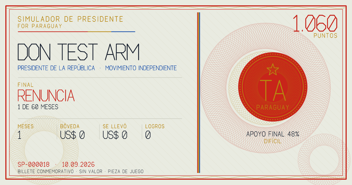 Billete conmemorativo de Don Test Arm, final: Renuncia